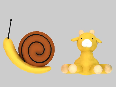 Yellow Snail And Giraffe Plush Dolls With Brown Shell White Ears And Hooves 3d model