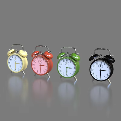 Vintage Colorful Alarm Clocks Bell Design Yellow Red Green Black White Dial and Metal Stand 3d model