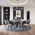 Modern Restaurant Featuring Round Dining Table Grey Chairs Chandelier Large Window View And Decorative Painting