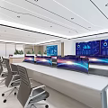 Modern Office Interior With Multiple Computer Monitors Displaying Data Charts And Ergonomic Desks 3d model