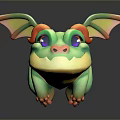 Cute Green Dragon Game Movie Character with Purple Eyes Orange Horns and Colorful Wings