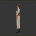 Elderly Female Game Movie Character In White Dress With Red Sleeves And Gray Hair