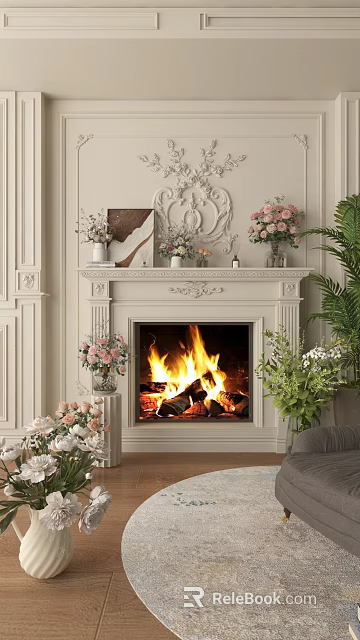 Live Stream Of Elegant Fireplace With Carved Decorations Burning Flames Fresh Flowers And Green Plants 3d model 