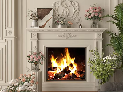Live Stream Of Elegant Fireplace With Carved Decorations Burning Flames Fresh Flowers And Green Plants 3d model