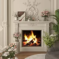 Live Stream Of Elegant Fireplace With Carved Decorations Burning Flames Fresh Flowers And Green Plants