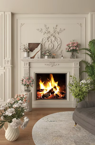 Live Stream Of Elegant Fireplace With Carved Decorations Burning Flames Fresh Flowers And Green Plants 3d model