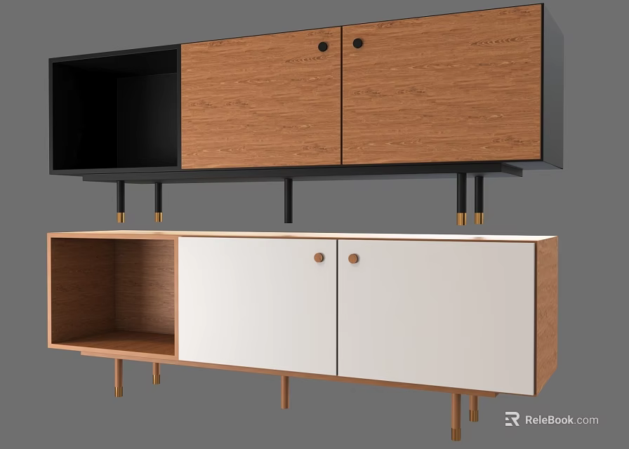 Modern TV Stand With Wooden And White Cabinet Doors Open Shelves And Golden Legs 3d model 