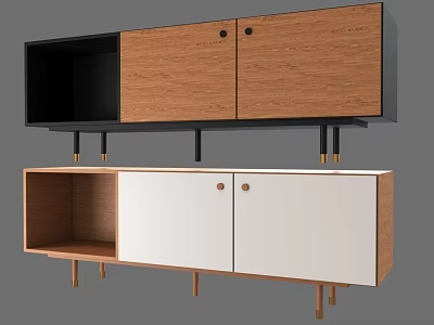 Modern TV Stand With Wooden And White Cabinet Doors Open Shelves And Golden Legs 3d model