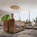 Hotel Public Lounge Area With Modern Sofas Wooden Dividers Chandelier Large Windows And Plants