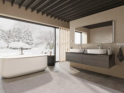 Modern Bathroom Interior With White Bathtub Double Sinks Large Mirror And Snowy Window View 3d model