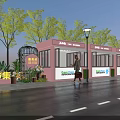 Vibrant Commercial Street with Pink Storefronts Market Signs Street Lamps Trees Pedestrians and Wet Pavement