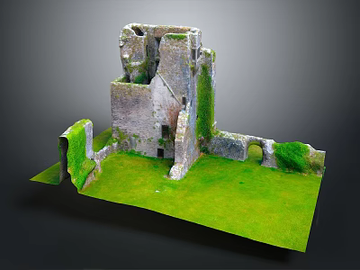 Ancient Castle Ruins Architecture With Moss Covered Stone Walls And Green Grass Field 3d model
