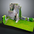 Ancient Castle Ruins Architecture With Moss Covered Stone Walls And Green Grass Field