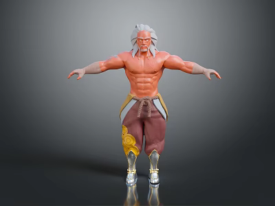 Muscular White Haired Man With Brown Pants Yellow Accents And Gold Boots On Gray Background 3d model