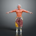Muscular White Haired Man With Brown Pants Yellow Accents And Gold Boots On Gray Background