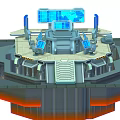 Cartoon Sci Fi Control Room Scene With Central Console Blue Screens Stairs And Technical Equipment