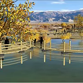 Scenic Landscape Bridge Over Lake Water With Yellow Trees And Mountain Views
