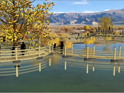 Scenic Landscape Bridge Over Lake Water With Yellow Trees And Mountain Views 3d model