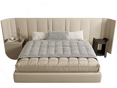 Modern Double Bed With Upholstered Headboard Beige Plaid Bedding And Bedside Tables 3d model