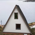 Misty Lakeside Detached Villa Featuring Triangular Roof Wooden Structure And Trees