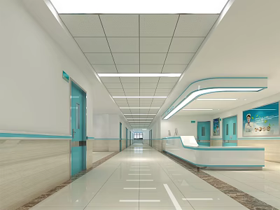 Modern Hospital Corridor Interior With White Walls Blue Doors And Tiled Floor 3d model