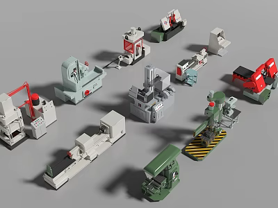 Various Industrial Equipment Machinery Models with Mechanical Tools and Diverse Designs 3d model