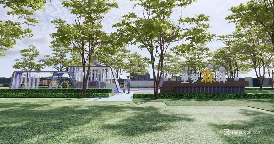 Children's Play Area with Green Trees Lawn and Colorful Slide Play Equipment 3d model 