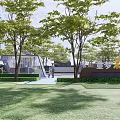 Children's Play Area with Green Trees Lawn and Colorful Slide Play Equipment
