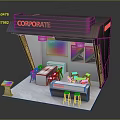 Modern Corporate Booth Interior Design With Display Screens Tables Chairs And Bar Counter