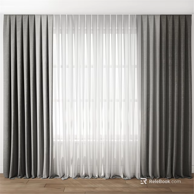 Gray Curtains And White Sheer Drapes For Modern Home Window Interior 3d model 