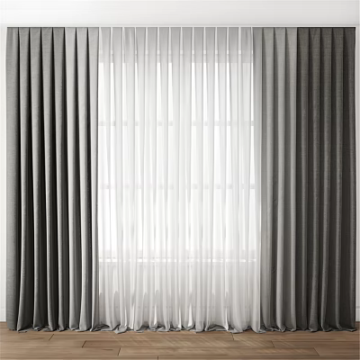 Gray Curtains And White Sheer Drapes For Modern Home Window Interior 3d model