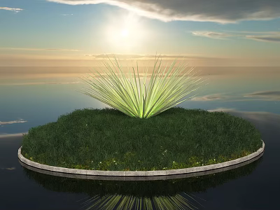 Green Grass and Agave Like Plant on Circular Island With Water Sky Sun and Reflection 3d model