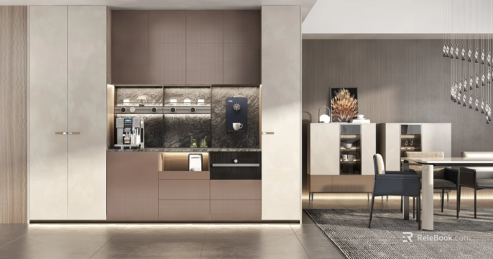 Modern Luxury Sideboard With Built-in Appliances And LED Lighting In Dining Area 3d model 