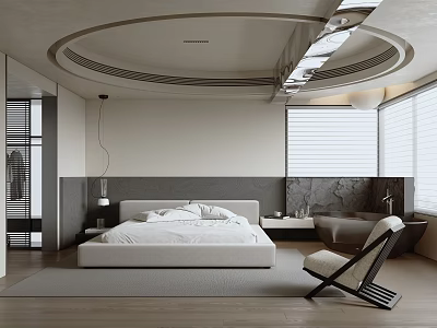 Modern Bedroom With Round Ceiling Design Large Bed White Bedding Wooden Floor And Shutters 3d model