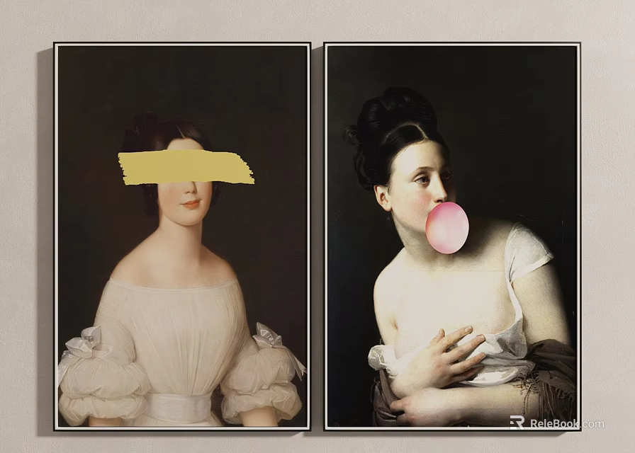 Two Classical Portrait Paintings With Yellow Covered Face And Pink Bubble Gum 3d model 