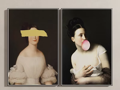 Two Classical Portrait Paintings With Yellow Covered Face And Pink Bubble Gum 3d model