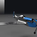Silver Fighter Jet Model With Propeller And Blue Accents Displayed On Reflective Surface