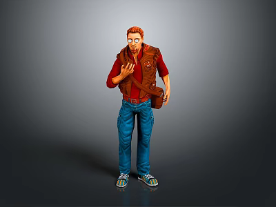 A Man In Red Shirt Brown Vest Blue Jeans And Sneakers Gesturing Against Gray Background 3d model