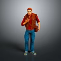 A Man In Red Shirt Brown Vest Blue Jeans And Sneakers Gesturing Against Gray Background