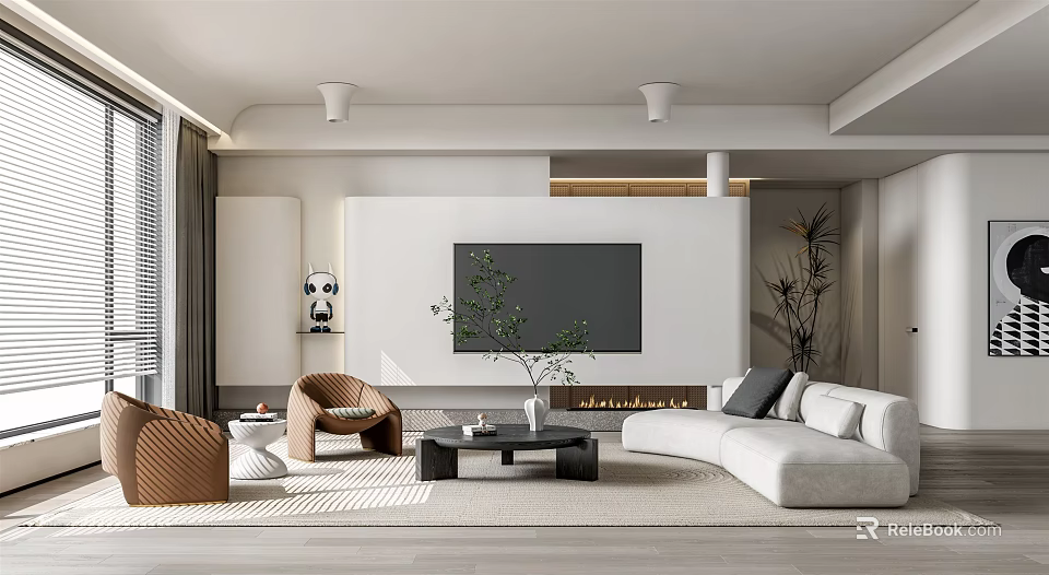 Modern Living Room Interior Design With White Sofa Brown Chairs Black Coffee Table And Fireplace 3d model 