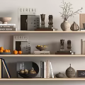 Decorative Ornament Collection on Shelves with Books Vases Sculptures Fruits and Decor Boxes