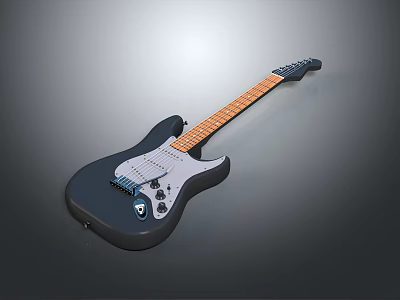 Musical Instrument Black Electric Guitar With Wooden Neck And Chrome Pickups And Control Knobs 3d model
