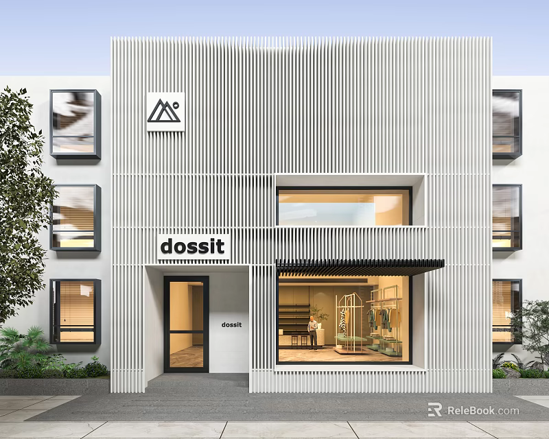 Modern Dossit Storefront with White Vertical Striped Design Door and Glass Window 3d model 