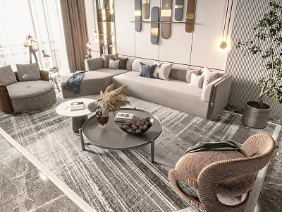Elegant Modern Living Room Sofa And Coffee Table Combination With Pillows Rug And Decorative Panels 3d model