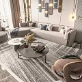 Elegant Modern Living Room Sofa And Coffee Table Combination With Pillows Rug And Decorative Panels