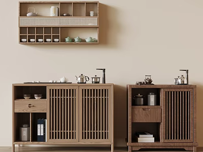 Traditional Chinese Wooden Tea Cabinet With Wall Shelf Tea Sets And Canisters 3d model