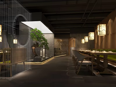 Modern Restaurant Interior With Wooden Decor Hanging Lights Green Plants And Dining Tables 3d model
