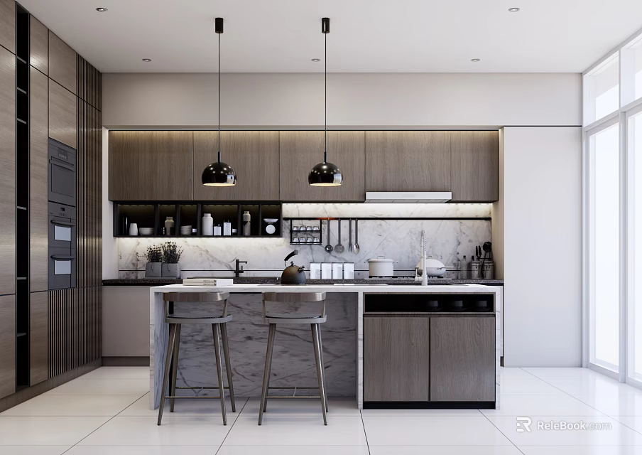 Modern Kitchen Interior Design With Marble Island Dark Wood Cabinets Pendant Lights And Appliances 3d model 