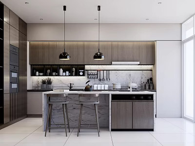 Modern Kitchen Interior Design With Marble Island Dark Wood Cabinets Pendant Lights And Appliances 3d model