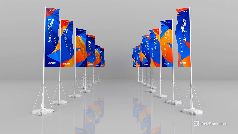 Blue And Orange Feather Flags With Geometric Patterns Neatly Arranged For Exhibition 3d model 
